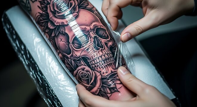 Hands applying a clear protective wrap over a new black and grey skull and rose tattoo on a person's forearm.