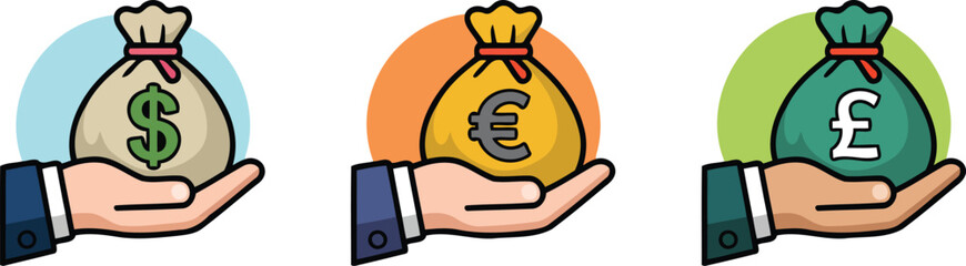 Collection of hands holding money bags with dollar euro and pound symbols for finance vector art