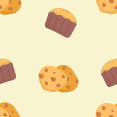 Seamless dessert pattern with cupcakes and cookies