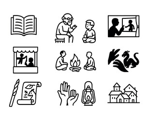 Storytelling Icon Set. Outline icon set of storytelling moments: open book, elder storyteller, child listening
