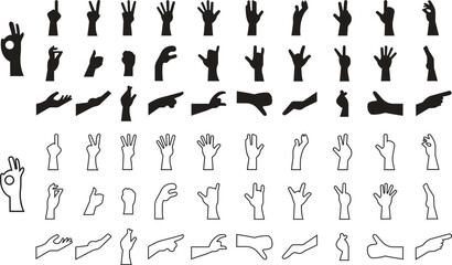 All hand gestures signs icons set in flat and line styles. Collection of finger symbols and palm group. Thumbs up, pointing, peace, rock, ok, fist, stop, open hand, and handshake vector illustration.