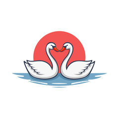 Fototapeta premium Pair of Swans Forming Heart Shape with Necks on Water against a Red Circle