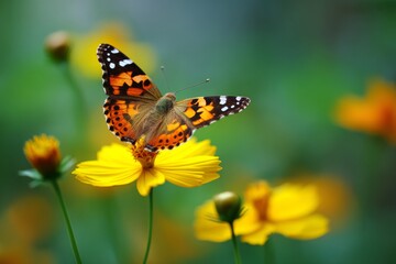 Obraz premium Colorful butterfly with intricate patterns is perched on a bright yellow flower, surrounded by soft green foliage under warm sunlight. Nature reflects beauty and tranquility