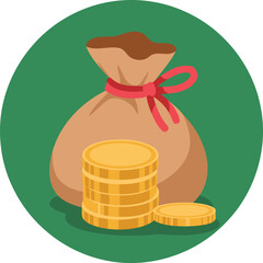 Money bag filled with gold coins and scattered coins vector on green background