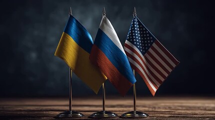 Three flags displayed on a wooden table. The flags represent Ukraine, Russia, and the USA. The scene symbolizes negotiations and peace talks.