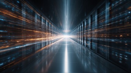 Modern server room with data streams for technology firms needing a sleek, futuristic background design