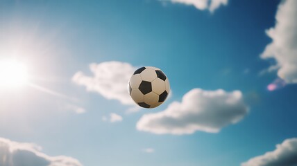Soccer ball in the sky during a sunny day with fluffy white clouds creating a playful scene of outdoor activity and fun