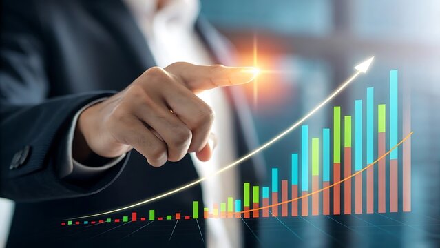 Close-up of business hand highlighting glowing economic graph.