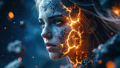 Fantasy portrait of woman with cracked lava face radiating molten light representing resilience, transformation, inner fire, volcanic energy, and surreal mythological power