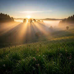 Sunrise over Misty Green Field with Golden Light Rays