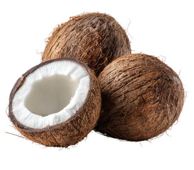 Three coconuts, one halved, displayed close together