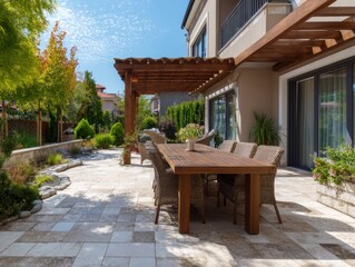 Obraz premium A patio with a wooden table and chairs. The table is surrounded by chairs and has a vase on it. There are potted plants and a bird bath in the background