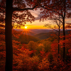 Autumn Sunrise Over Mountain Valley Vibrant Red And Orange Foliage