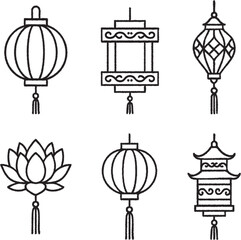 Asian lanterns and lotus line art vertical arrangement on white