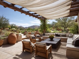 Fototapeta premium A patio with a white canopy and a table with a vase on it. There are several chairs and couches