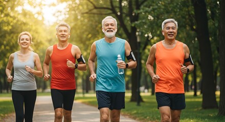 Obraz premium A mature group of men and women running together a park during sunset. Afternoon with family and friends