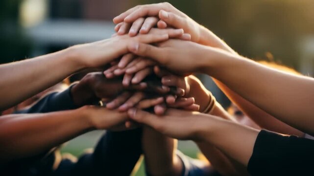 Team stacks hands showing solidarity, strength, unity and support