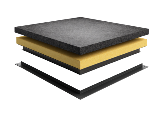 Layered acoustic panel, showing multiple material components