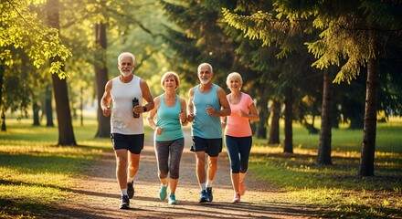 A mature group of men and women running together a park during sunset. Afternoon with family and friends