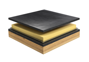 Cross-section of layered material.  Dark top layer, light yellow middle, and light wood bottom.  Illustrates construction