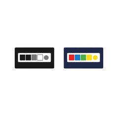 Obraz premium Two minimalist rectangular icons, one black with grayscale squares and one blue with colorful squares, representing color palettes or digital interfaces.