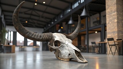 Fototapeta premium A bull skull with large horns on a concrete floor in a modern space