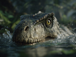 Obraz premium Mysterious Raptor Dinosaur Jungle Wildlife Ferocious Predator Greenery Ancient Prehistoric Reptile Swimming Water Realistic Digital Illustration Tropical 