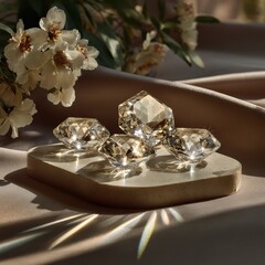 Close up view of sparkling, faceted crystals arranged on a light beige stone surface, with soft lighting and blurred white flowers in the background.