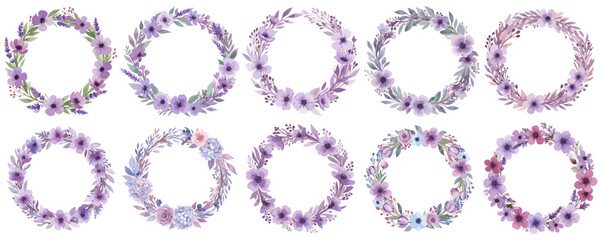 パープルのフラワーリースの水彩風ベクターセット 花冠 / 花輪と草の可愛いイラスト 