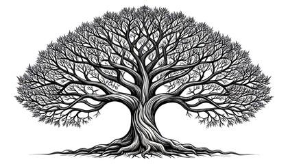 Detailed black and white illustration of a large tree