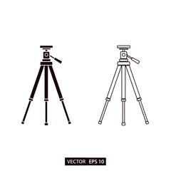 Tripod stand for camera, photography equipment, black and white vector illustration.