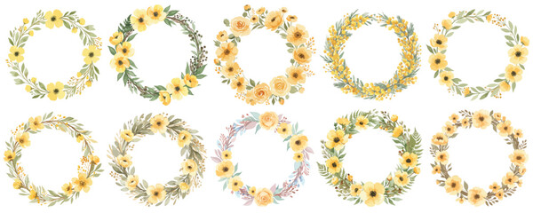 イエローのフラワーリースの水彩風ベクターセット 花冠 / 花輪と草の可愛いイラスト  © DROP DESIGN STUDIO