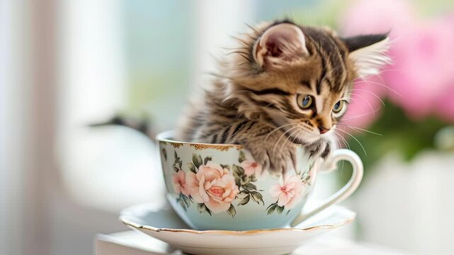 Playful kitten exploring teacup with curiosity in bright floral setting - Powered by Adobe