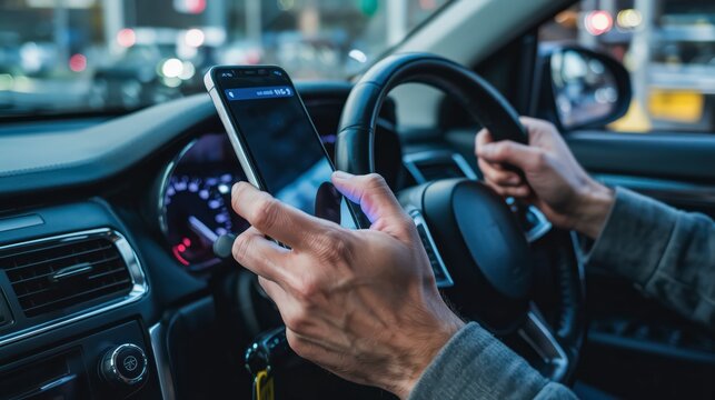 A person is holding a smartphone and texting while driving a right-hand drive (RHD) car,&nbsp;a dangerous and distracted behavior that increases the risk of accidents on the road.