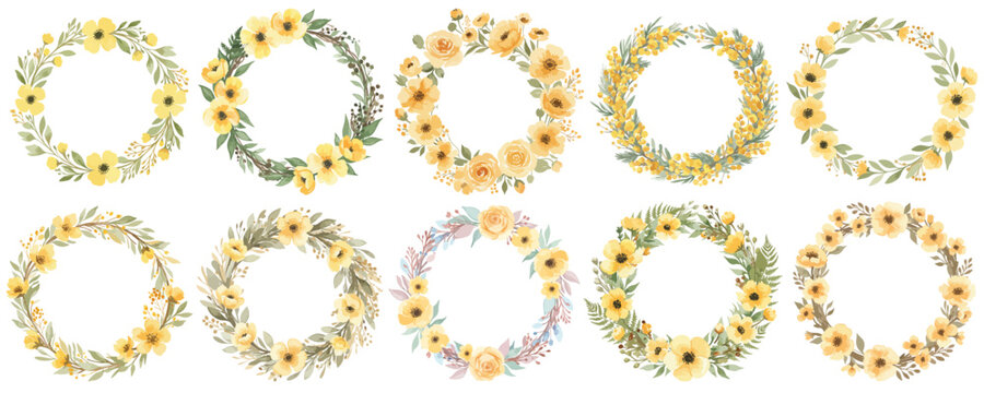 イエローのフラワーリースの水彩風ベクターセット 花冠 / 花輪と草の可愛いイラスト 