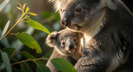 A tender moment between a mother koala and her joey nestled among vibrant green eucalyptus leaves in a natural habitat.