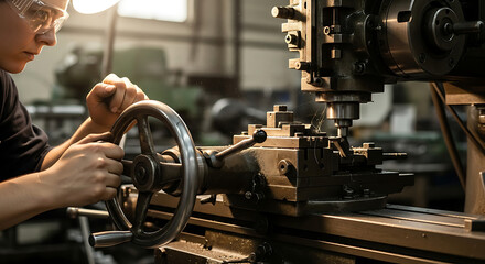 A skilled worker demonstrates precision operating heavy industrial machinery in a modern manufacturing workshop, embodying dedication and technical expertise in production.