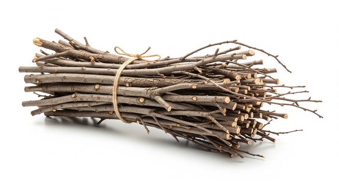 Bundle of wooden sticks tied with twine on an isolated transparent background, natural and rustic.