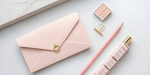 Pink envelope, pencil, and makeup on white desk isolated on white background