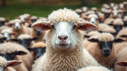 Obraz premium An outstanding white sheep among the black sheep. Standout uniqueness appeal and personality diversity concept. Be different with your own identity and beauty.