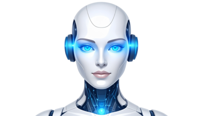 Futuristic humanoid robot head with glowing blue eyes, isolated on transparent background, symbol of artificial intelligence and advanced technology