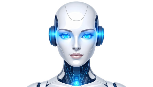 Futuristic humanoid robot head with glowing blue eyes, isolated on transparent background, symbol of artificial intelligence and advanced technology