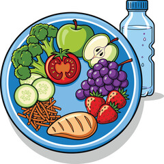 Vector Illustration of Healthy Food Plate with Fruits and Vegetables