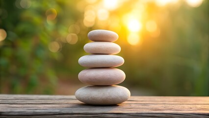 Obraz premium Stacked stones on wooden surface in a tranquil and peaceful outdoor setting