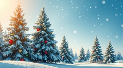 A snowy landscape with christmas trees decorated with ornaments and falling snow flakes