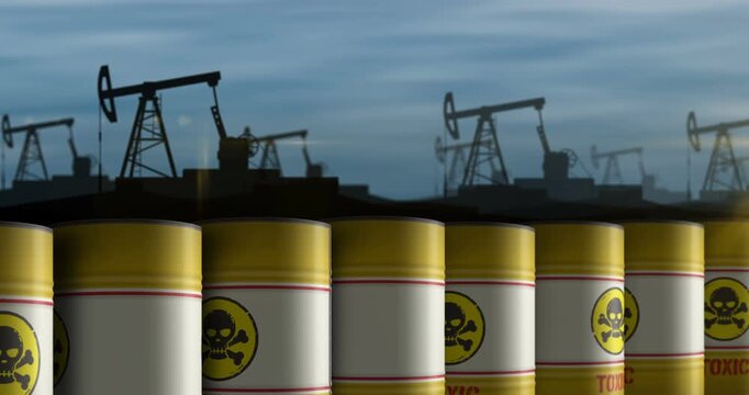 Toxic danger barrels in row seamless and loopable concept. Skull chemical warning industrial containers.