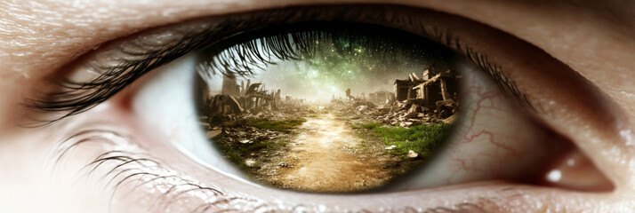Fototapeta premium Closeup of human eye reflecting apocalyptic destroyed cityscape, conceptual background