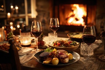 Fototapeta premium Warm lighting creates a romantic atmosphere for a delightful dinner by a fireplace. The table is set with red wine, flavorful dishes, and a feeling of togetherness