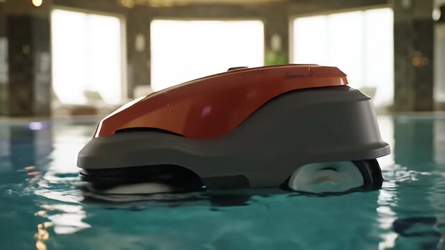 Orange and Gray Robot Cleaning a Blue Indoor Swimming Pool with Arched Windows and Warm Lighting
