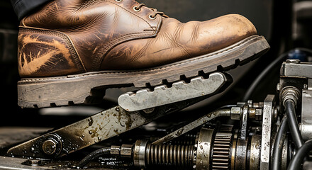 A rugged work boot exerts powerful industrial control, pressing firmly on a heavy machinery pedal, symbolizing dedicated labor and operational precision.